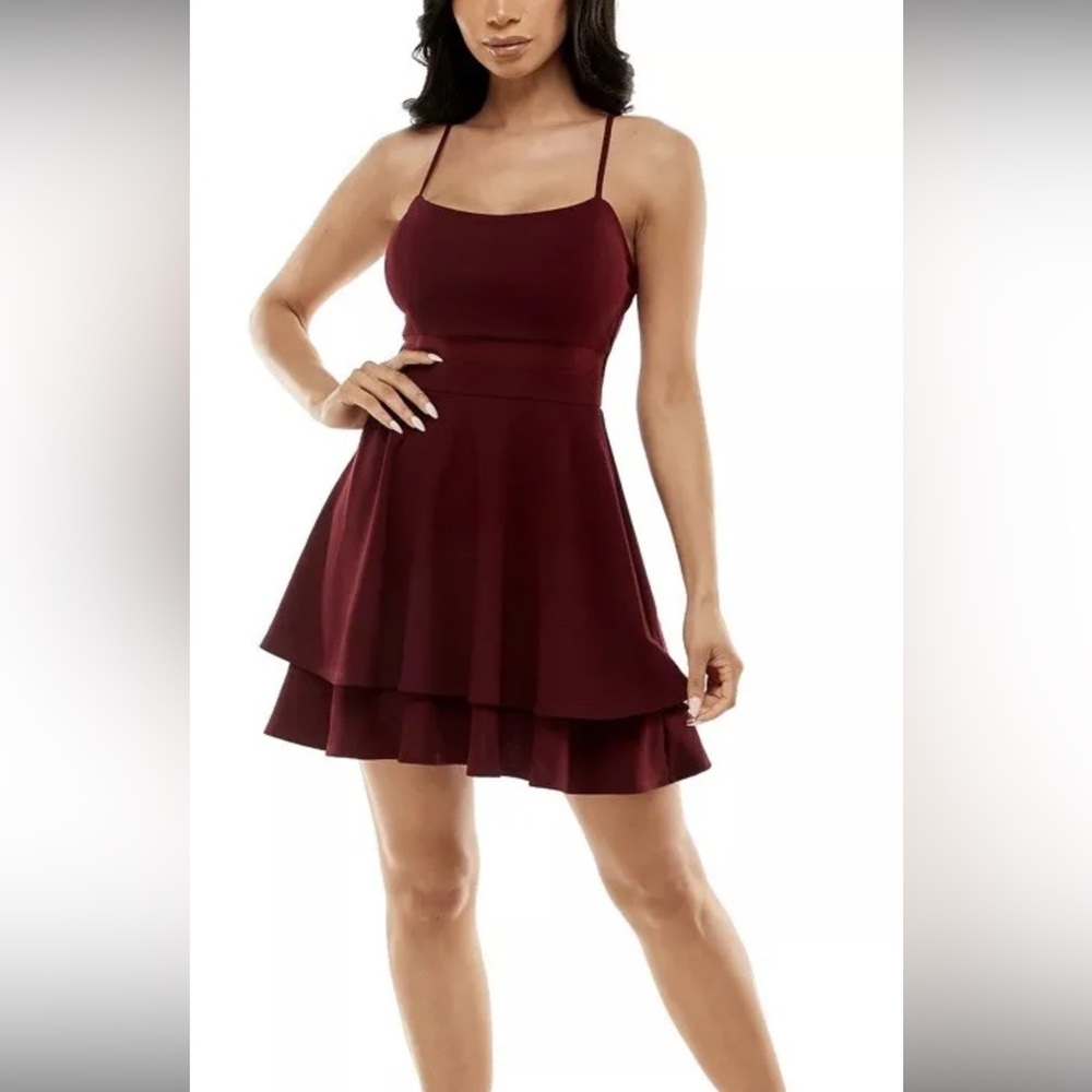 EMERALD SUNDAE Womens Burgundy Illusion-waist Short Dress Juniors XS